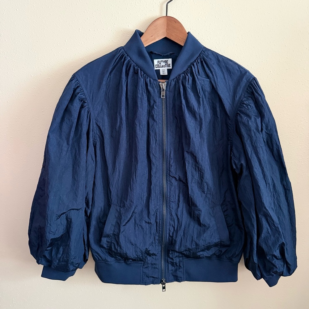 Future Collective Navy Crinkle Bomber Jacket XXS Cropped Zip